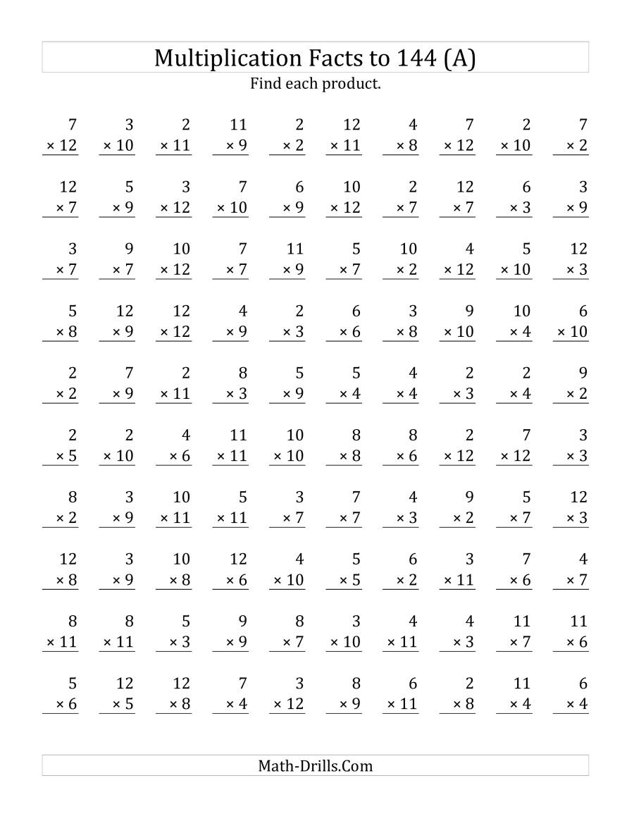Multiplication Facts To 144 No Zeros No Ones (A) with regard to Multiplication Worksheets X12