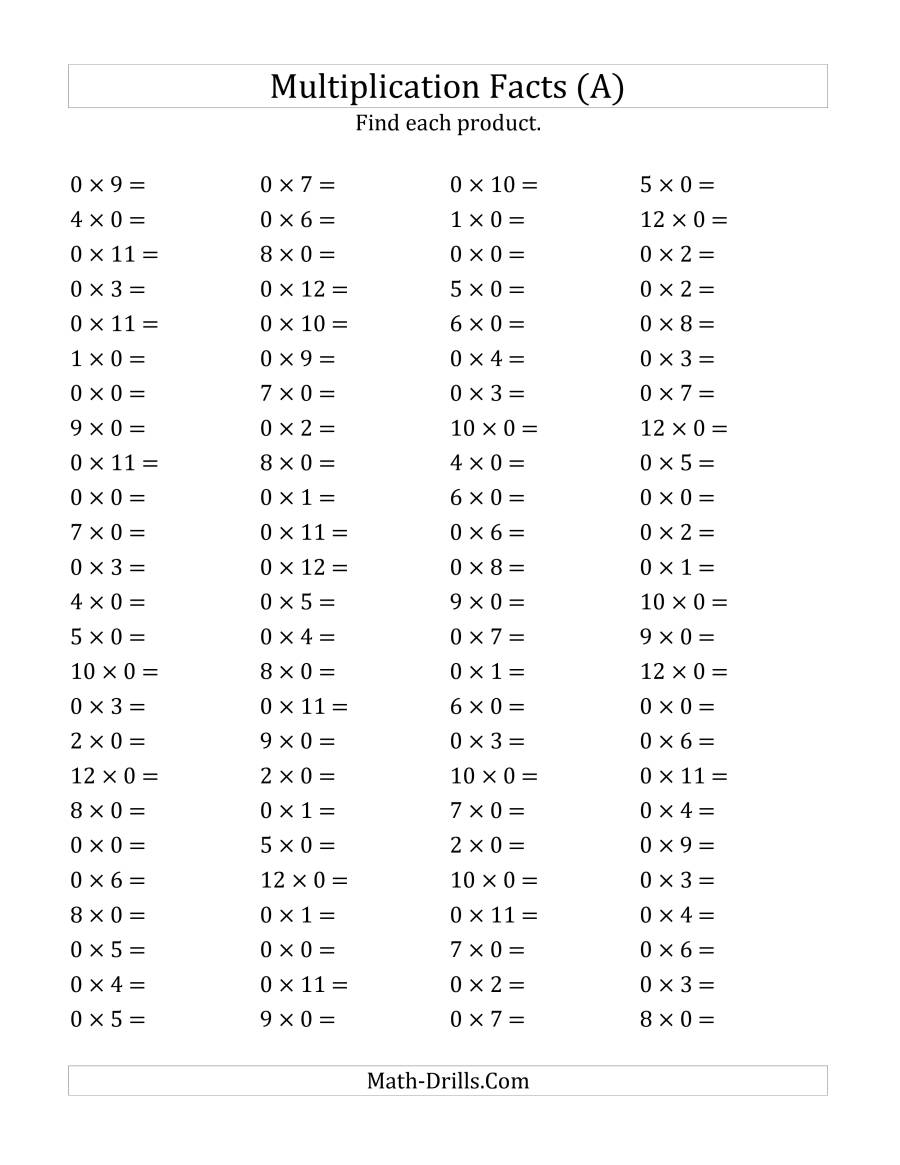 Free Printable Multiplication Quiz 012