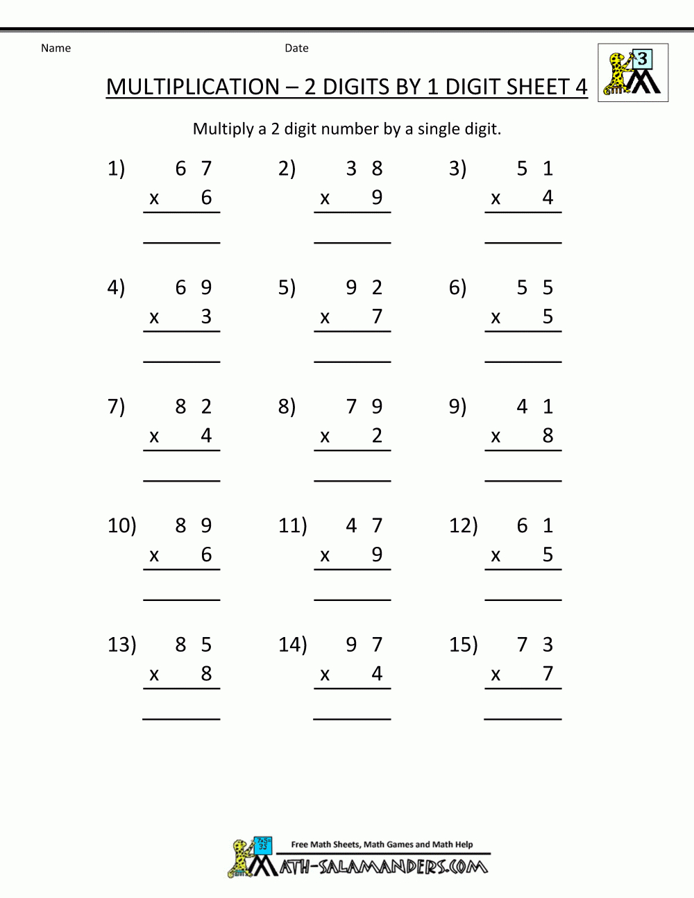 Multiplication Practice Worksheets 2 Digits1 Digit 4 in Free Printable Multiplication Practice Sheets