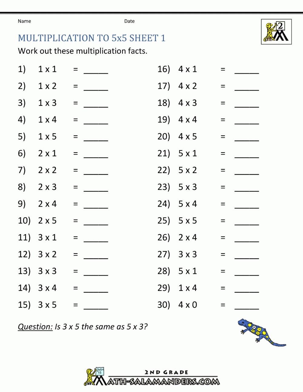 Multiplication Practice Worksheets To 5X5 for Worksheets On Multiplication For Grade 2