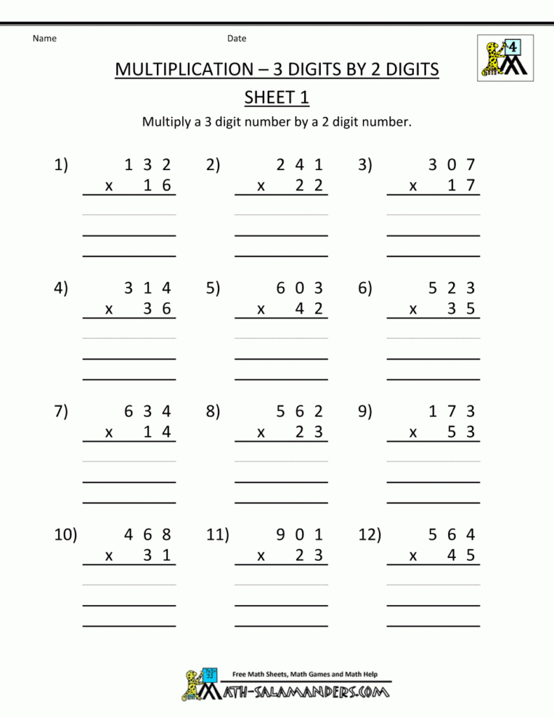Multiplication Printable Worksheets 3 Digits2 Digits 1 Pertaining To Multiplication Worksheets 3 Digit By 2 Digit Pdf