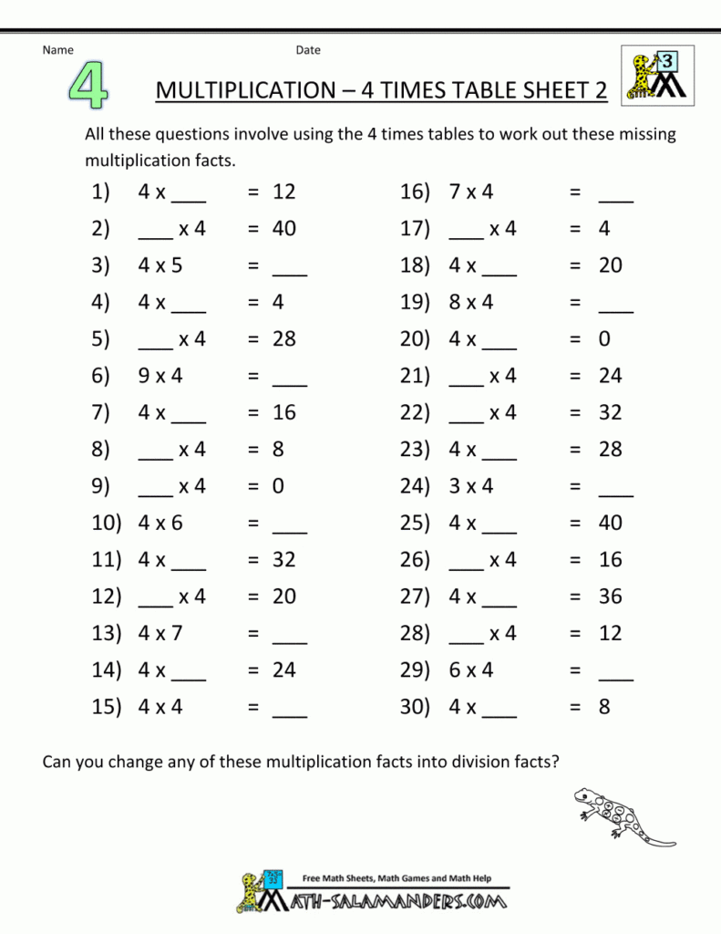 Multiplication Printable Worksheets 4 Times Table 2 Within Multiplication Worksheets 4 And 6