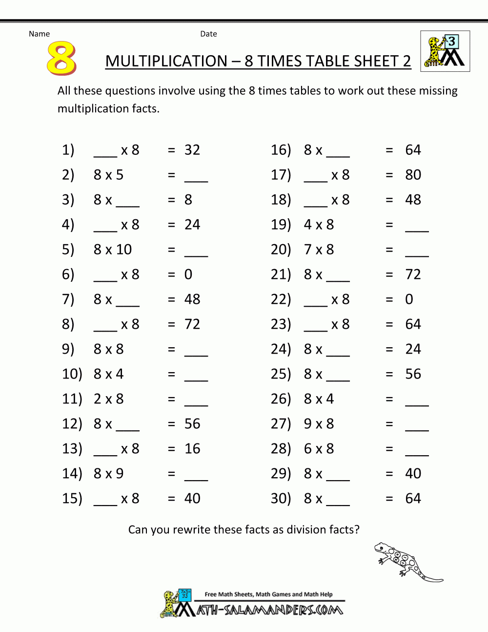 Multiplication Printable Worksheets 8 Times Table 2 intended for 8&amp;#039;s Multiplication Worksheets