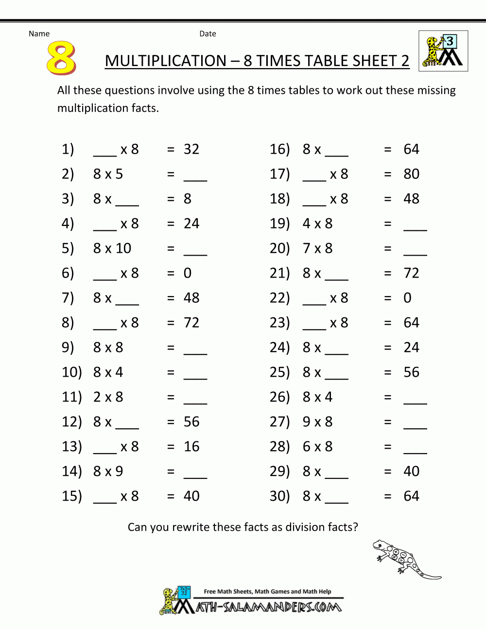 Multiplication Printable Worksheets 8 Times Table 2 intended for 8's Multiplication Worksheets