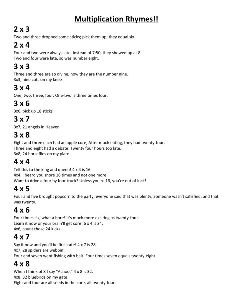 Multiplication Rhymes throughout Printable Multiplication Rhymes