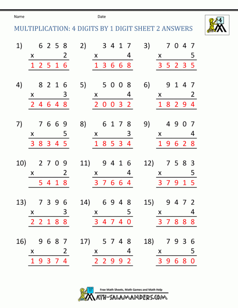 Multiplication Sheet 4Th Grade Within Multiplication Worksheets 4 Digit By 3 Digit
