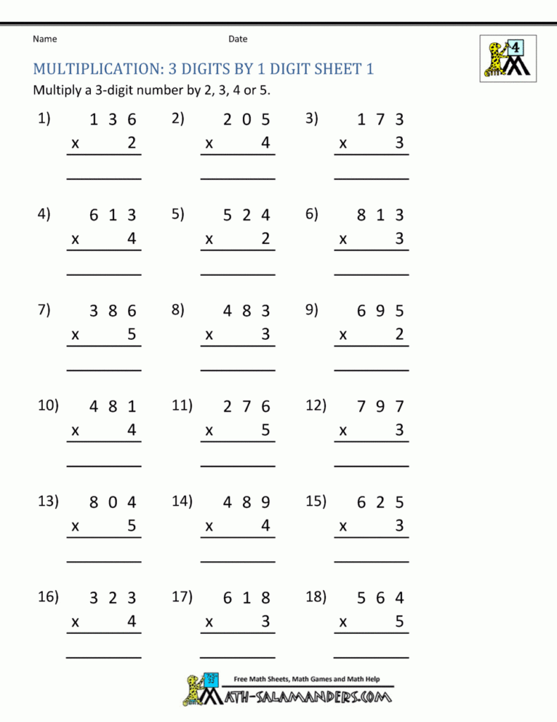 Multiplication Sheet 4Th Grade Within Multiplication Worksheets 4 Digit By 3 Digit