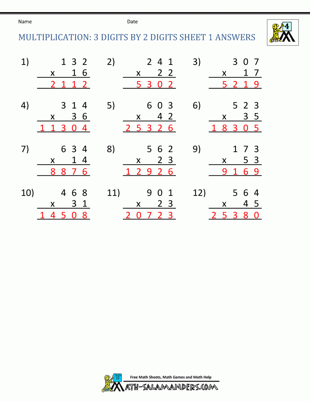 Multiplication Numbers Worksheets