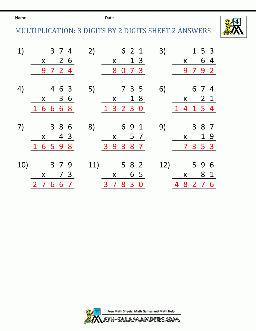 Multiplication Sheets 4Th Grade within Multiplication Worksheets 3 Digit By 2 Digit Pdf