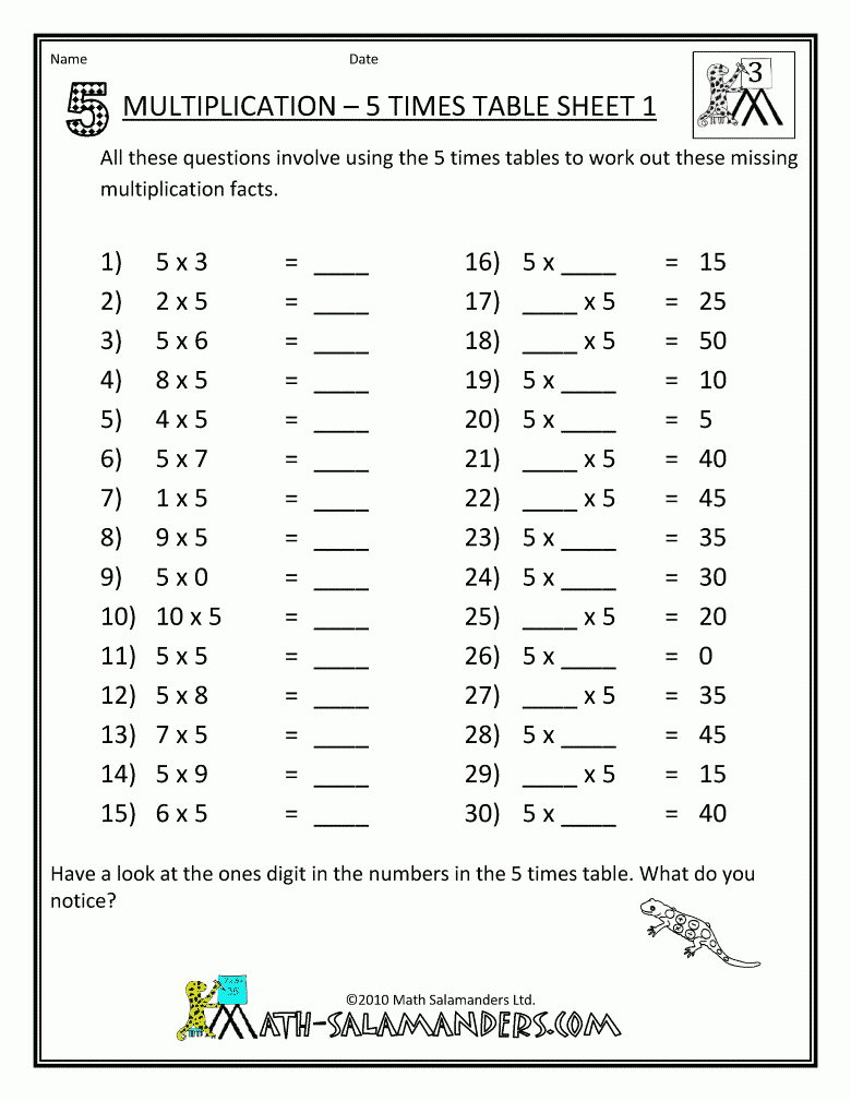 Multiplication Table Worksheets 5 Times Table 1.gif (780 Intended For Printable Multiplication Table 5