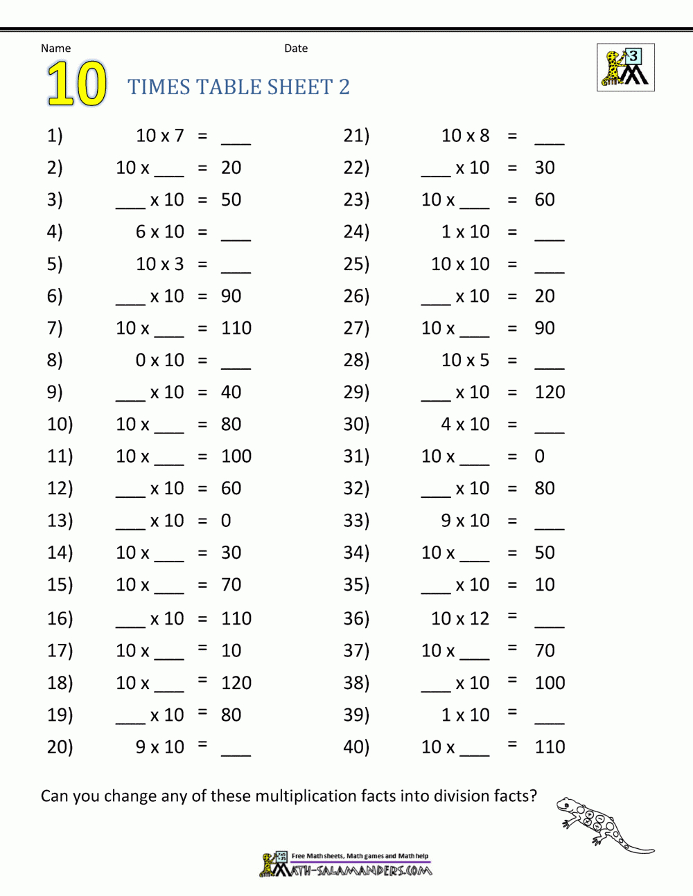 Multiplication Table Worksheets Grade 3 inside Printable 50 Multiplication Facts Test