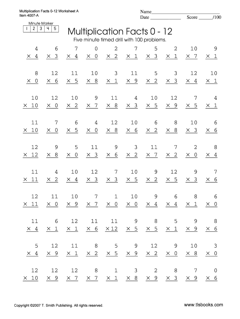 Multiplication Timed Test Printable 0 12 - Fill Online inside Multiplication Worksheets Rudolph Academy