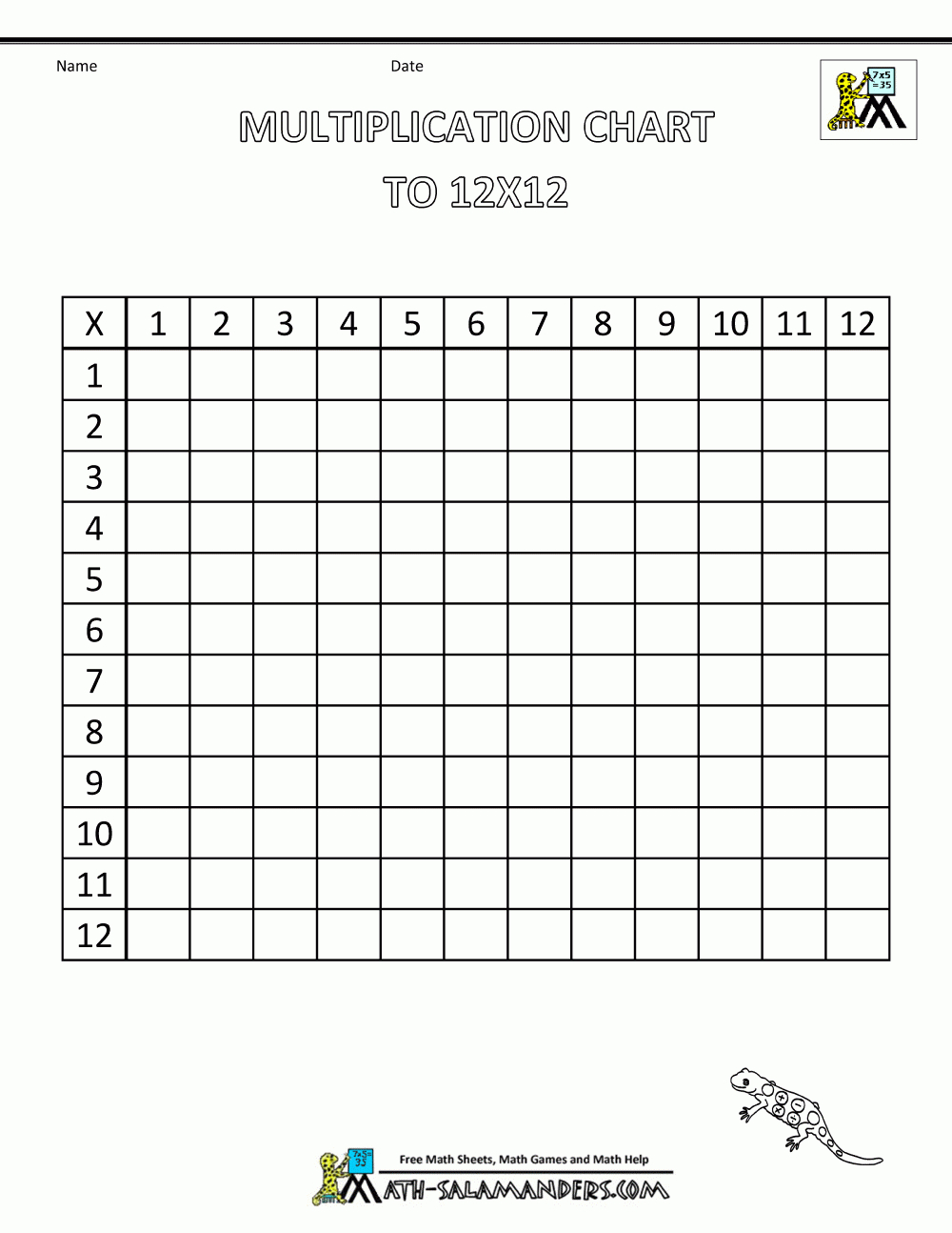 Multiplication Times Table Chart To 12X12 Blank for 12 X 12 Printable Multiplication Chart