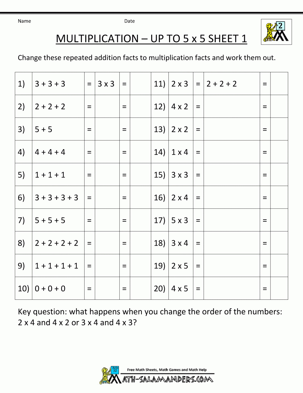 Multiplication To 5X5 Worksheets For 2Nd Grade in Multiplication Worksheets 5S