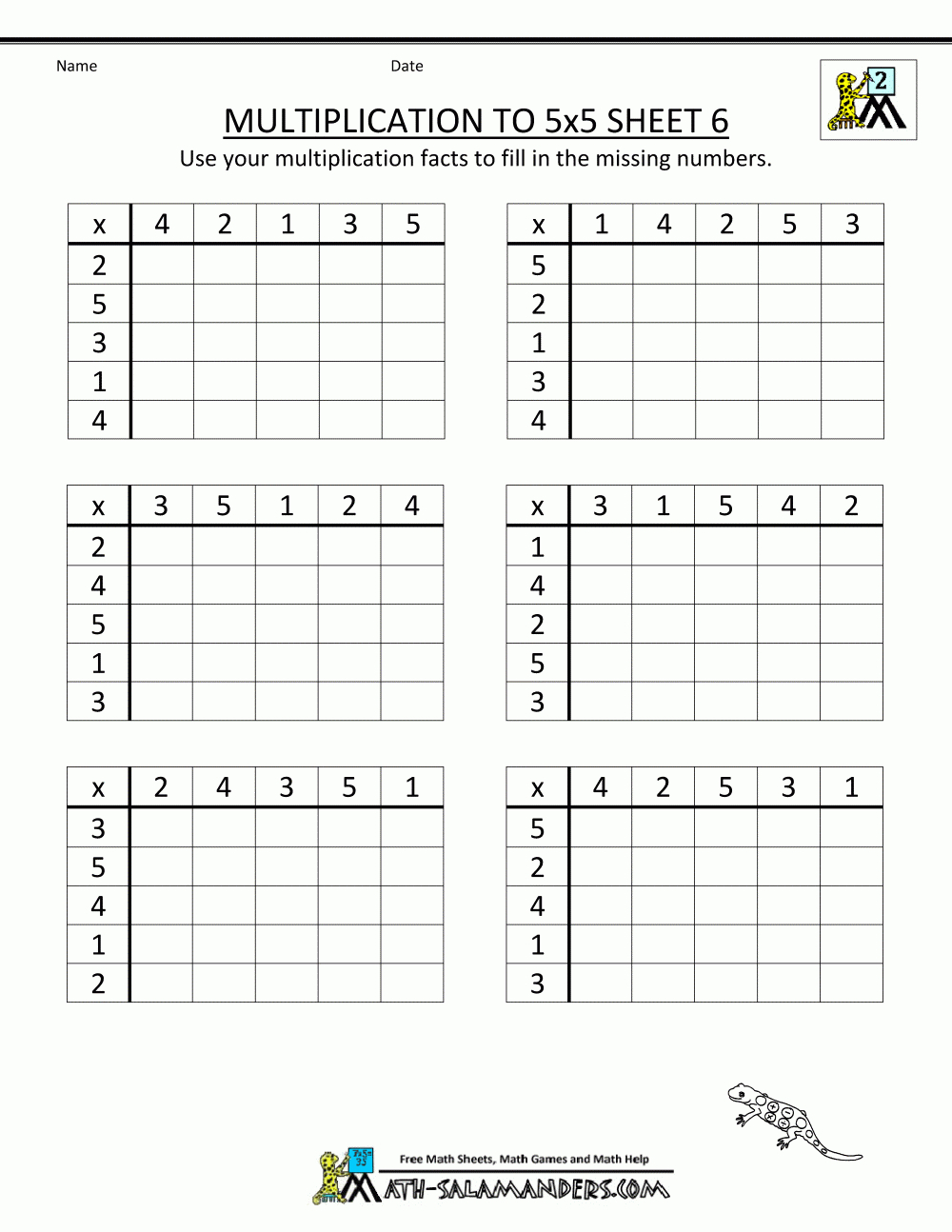 Multiplication To 5X5 Worksheets For 2Nd Grade throughout Printable Multiplication Facts Table