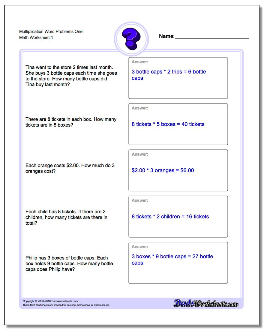 Multiplication Word Problems in Printable Multiplication Questions