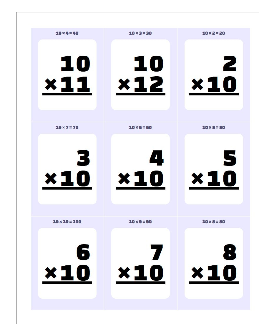 Multiplication10, 11, 12 Flash Cards for Multiplication X10 Worksheets