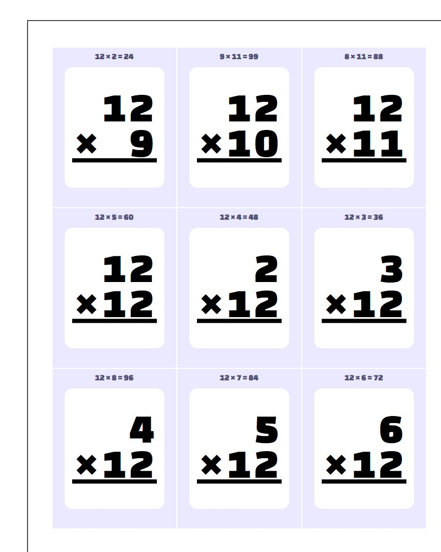 Multiplication10, 11, 12 Flash Cards throughout Multiplication Worksheets X11