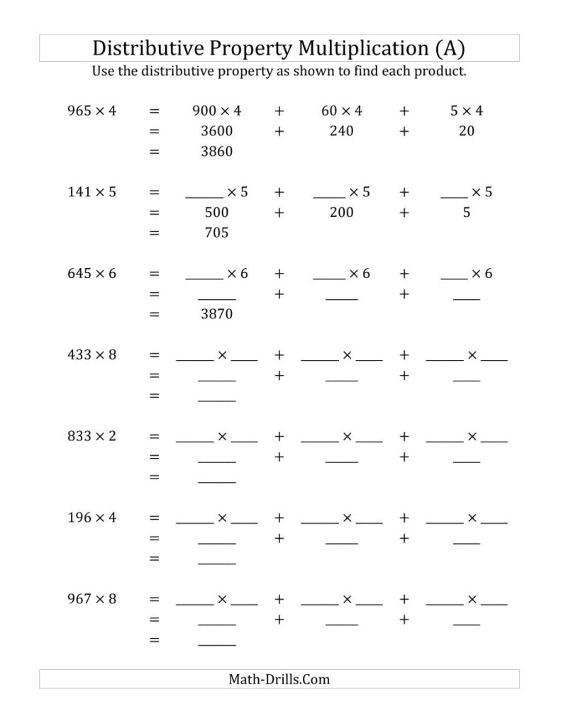 Multiply 3 Digit1 Digit Numbers Using The Distributive Inside Multiplication Worksheets Number 3