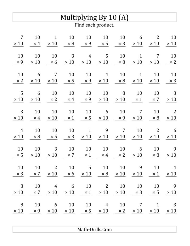 Multiplying (1 To 10)10 (A) Pertaining To Multiplication X10 Worksheets