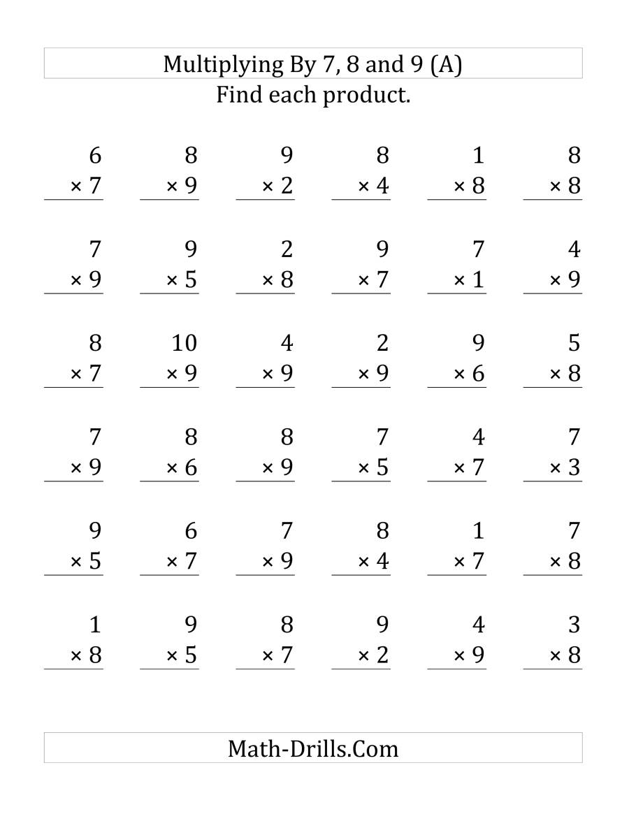 Multiplying (1 To 10)(7, 8 And 9) (36 Questions Per Page in Multiplication Worksheets 7 8 9