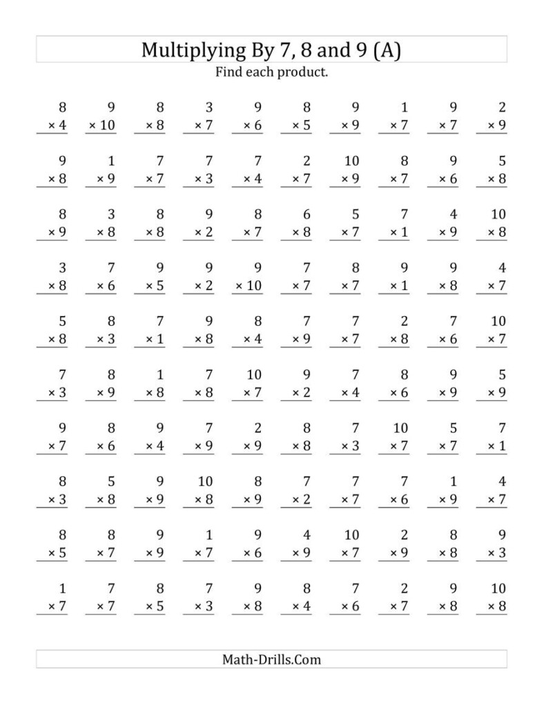 Multiplying (1 To 10)(7, 8 And 9) (A) Inside Multiplication Worksheets 7 8 9