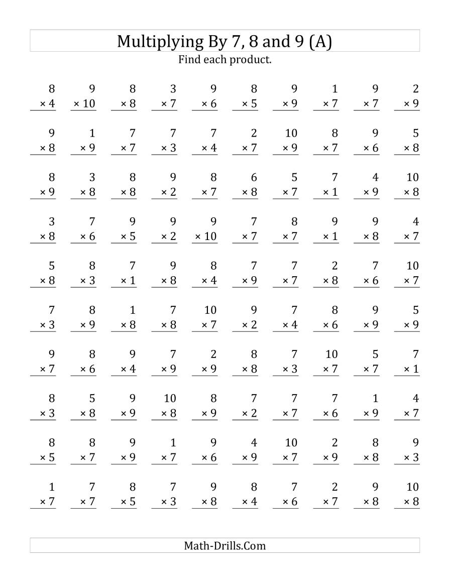 Multiplying (1 To 10)(7, 8 And 9) (A) inside Multiplication Worksheets 7 8 9