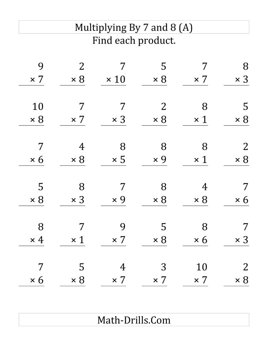 Multiplying (1 To 10)(7 And 8) (36 Questions Per Page) (A) in Multiplication Worksheets 7S And 8S