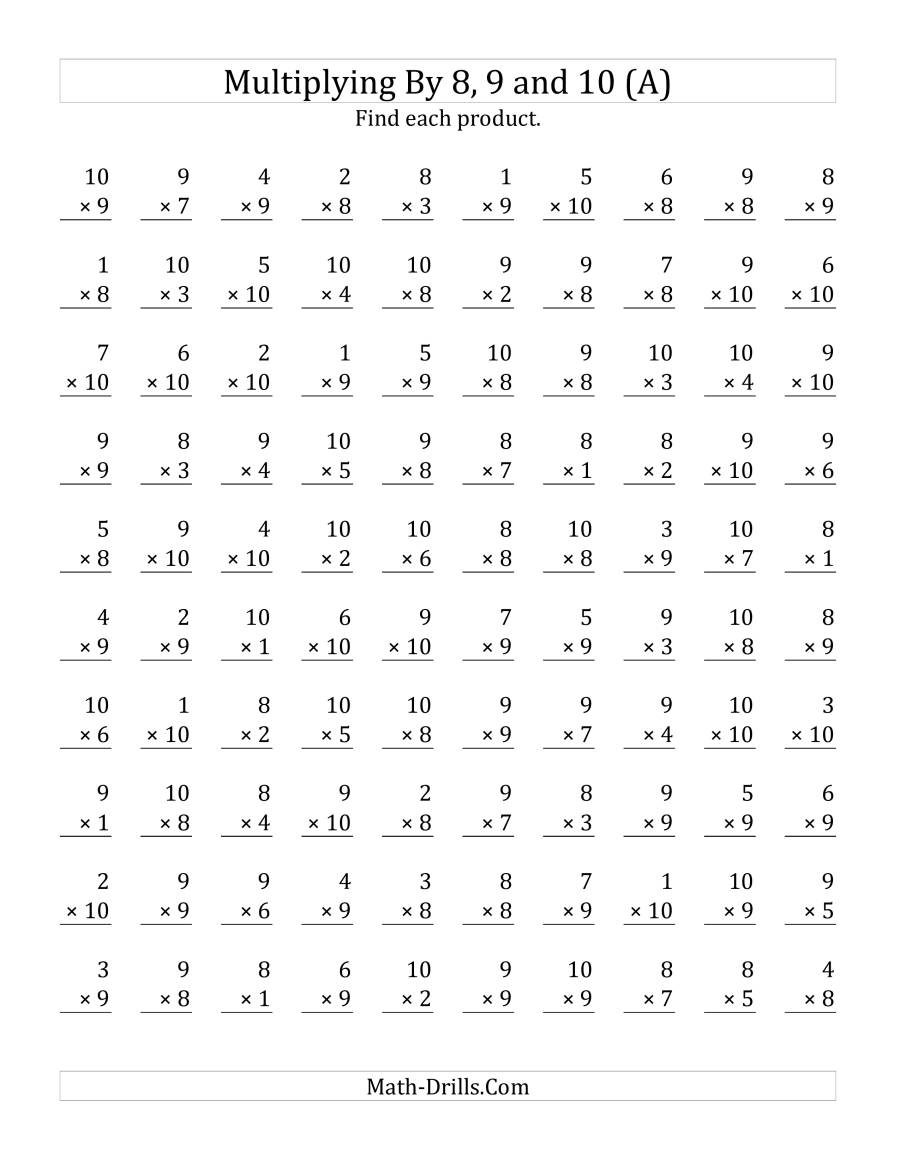 Multiplying (1 To 10)(8, 9 And 10) (A) within Multiplication X10 Worksheets