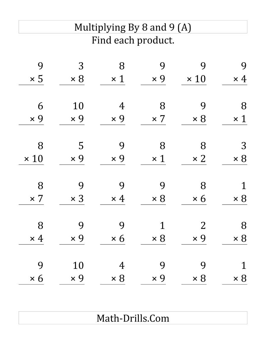 Multiplying (1 To 10)(8 And 9) (36 Questions Per Page) (A) intended for Multiplication Worksheets X9