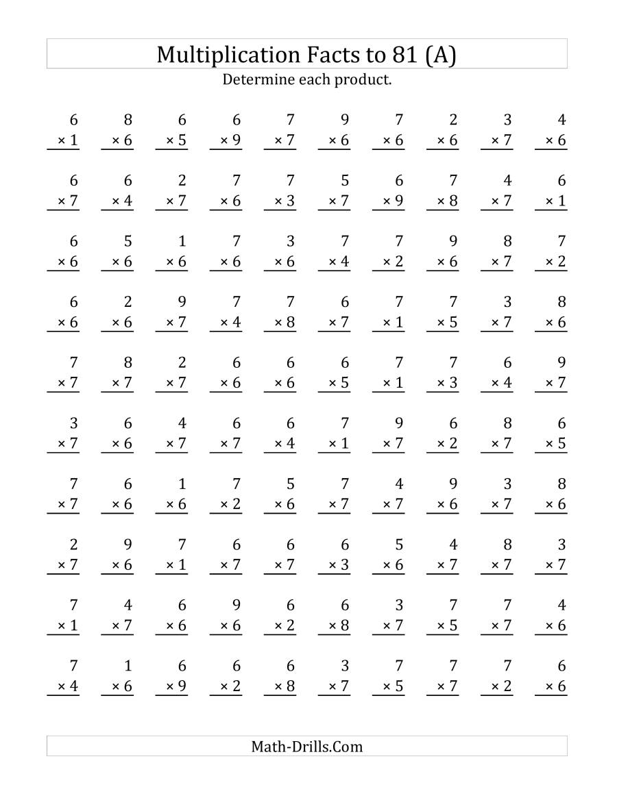 Multiplying (1 To 9)(6 And 7) (A) for Multiplication Worksheets 5 6 7