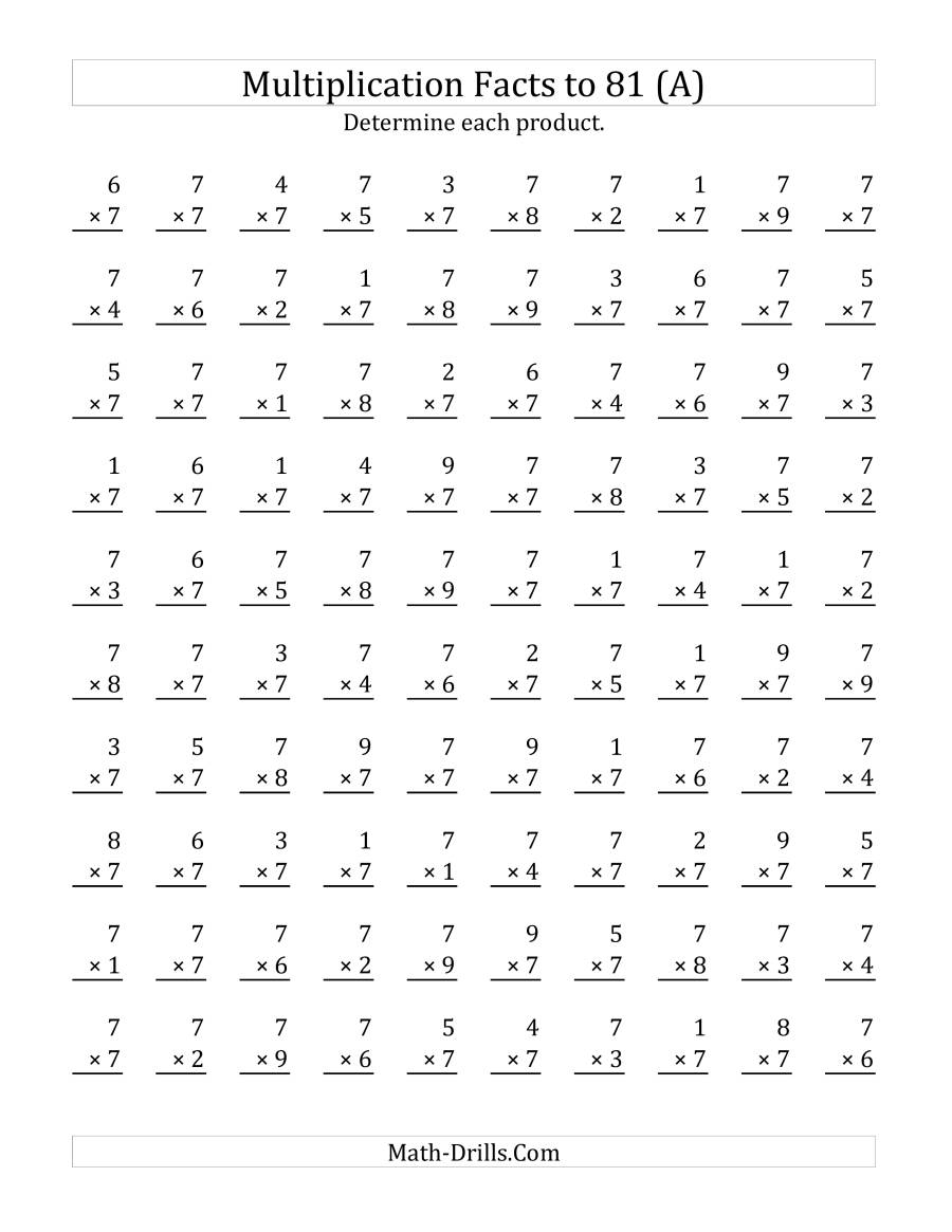 Multiplying (1 To 9)7 (A) in Multiplication Worksheets 7S