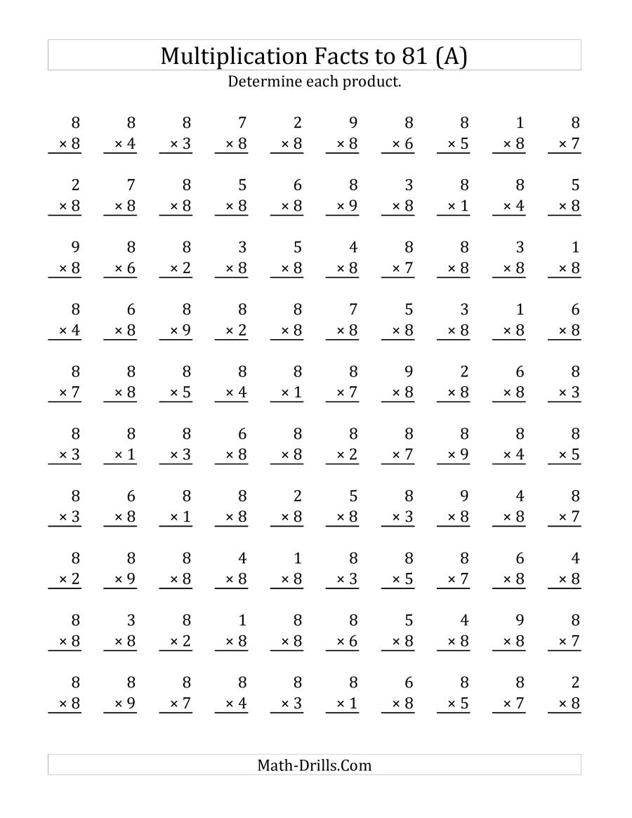 Multiplying (1 To 9)8 (A) in 8's Multiplication Worksheets