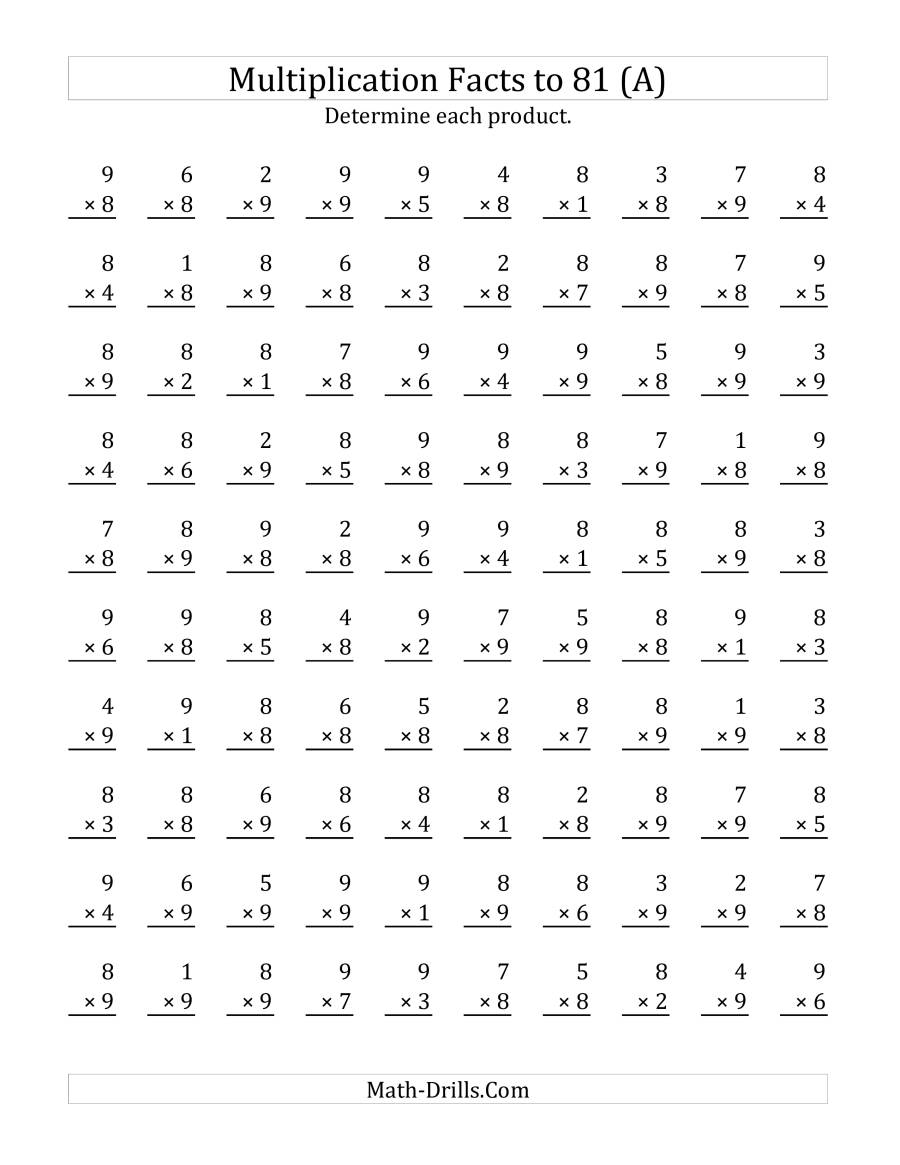 Multiplying (1 To 9)(8 And 9) (A) pertaining to Multiplication Worksheets X9