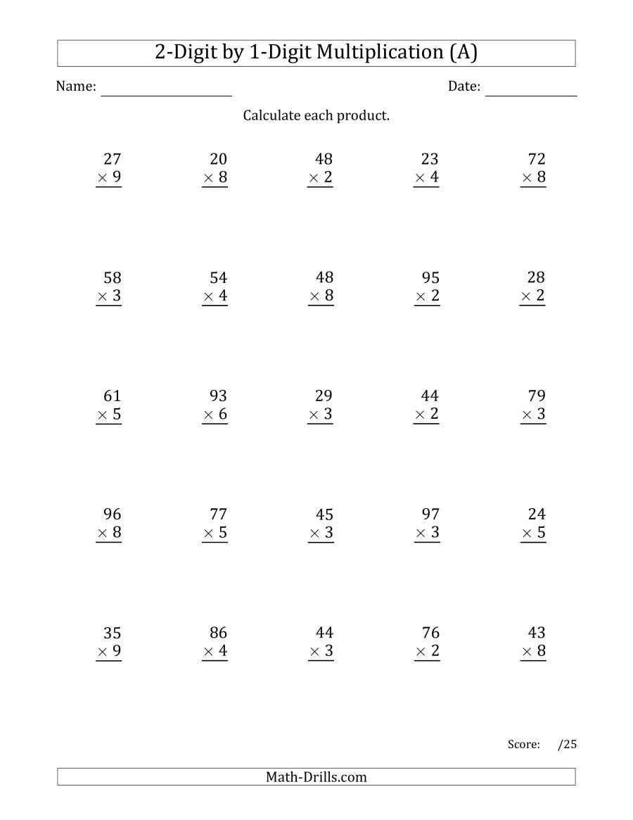 Multiplying 2-Digit1-Digit Numbers (A) intended for Printable 2 Digit Multiplication