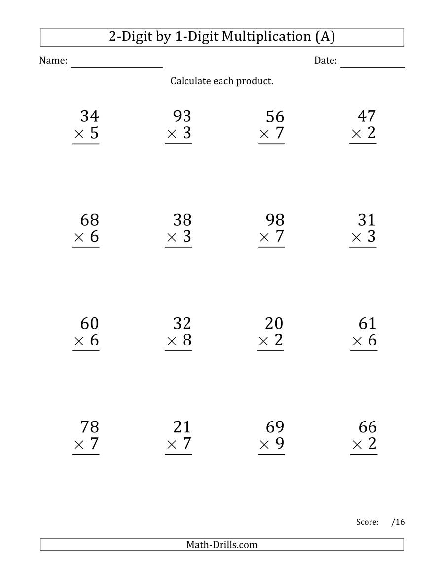 Multiplying 2-Digit1-Digit Numbers (Large Print) (A) in Multiplication Worksheets Large Numbers