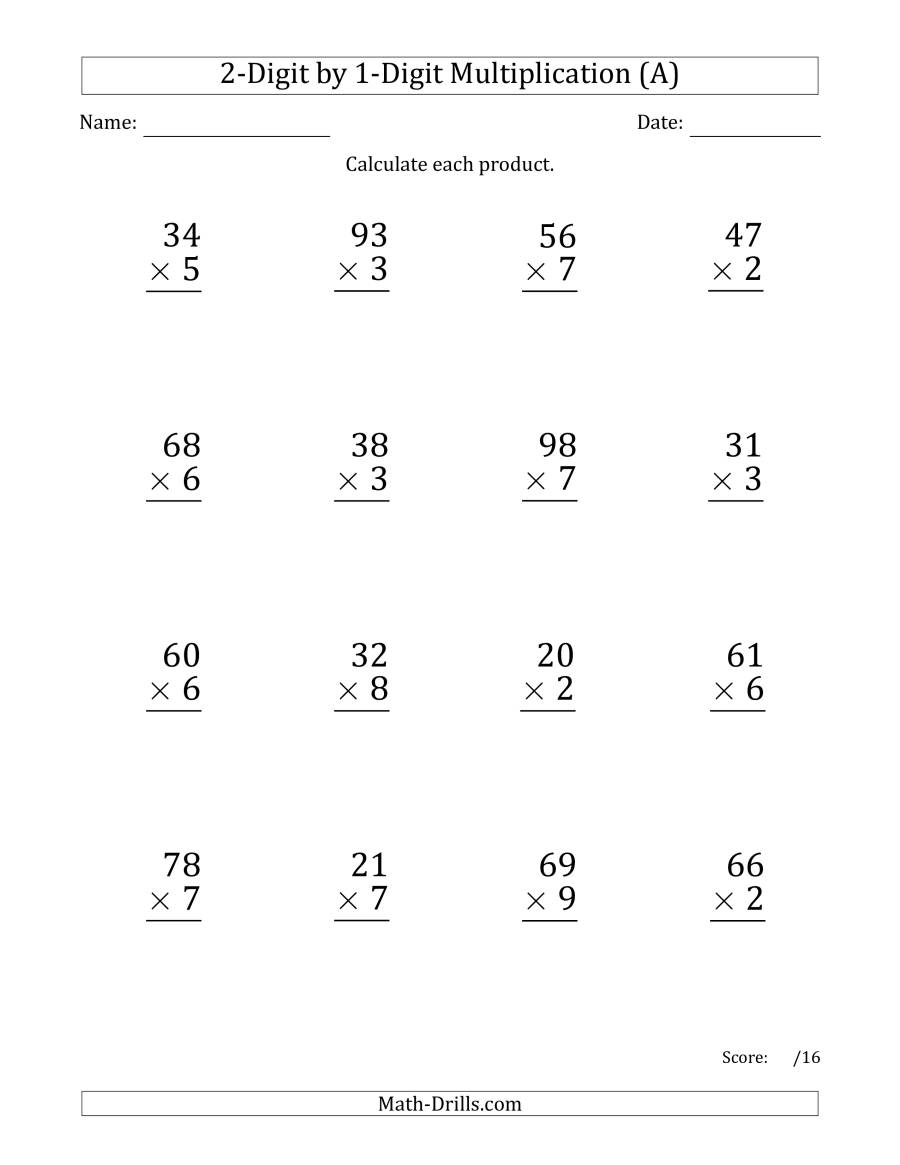 Multiplying 2-Digit1-Digit Numbers (Large Print) (A) intended for Printable Multiplication Worksheets By Number Multiplying 2-Digit1-Digit Numbers (Large Print) (A) intended for Printable Multiplication Worksheets By Number