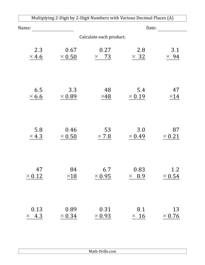 Multiplying 2 Digit2 Digit Numbers With Various Decimal Intended For Worksheets Multiplication Decimals