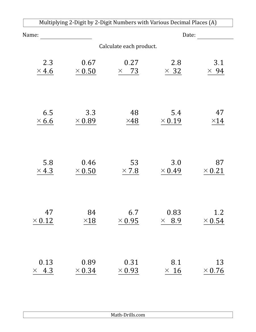 Multiplying 2-Digit2-Digit Numbers With Various Decimal intended for Worksheets Multiplication Decimals