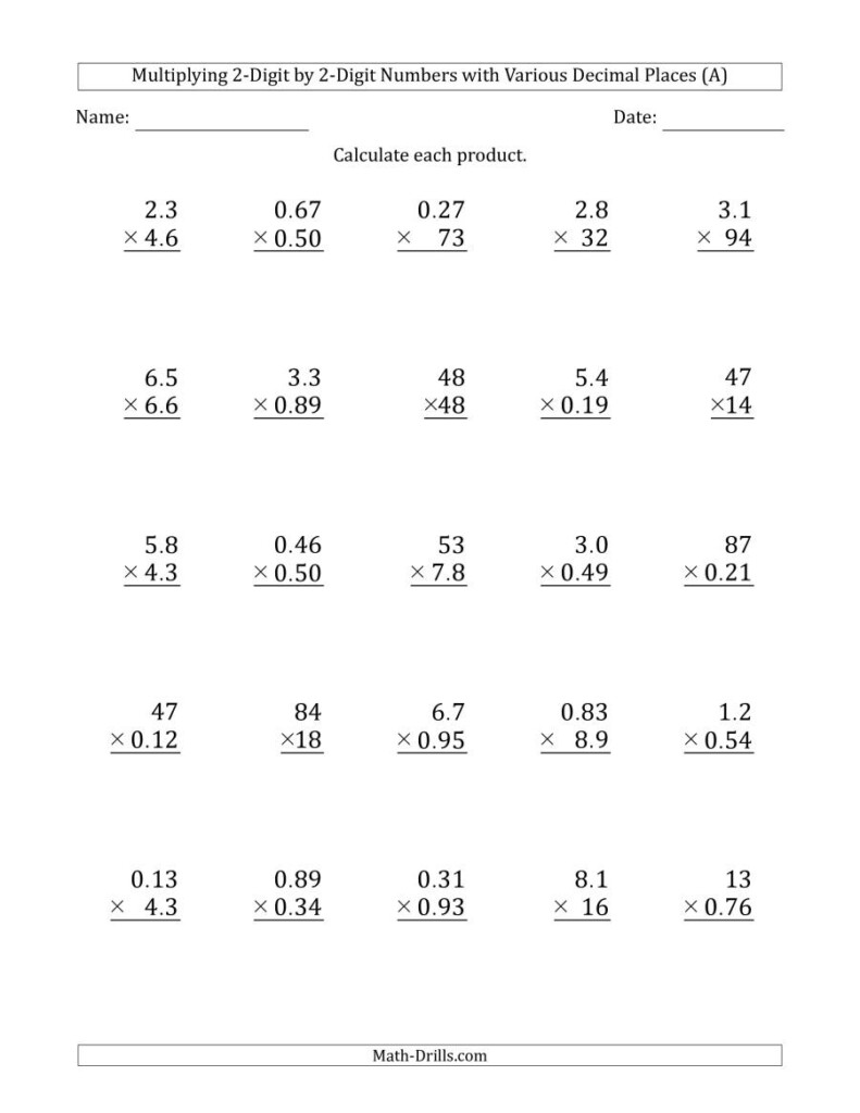 Multiplying 2-Digit2-Digit Numbers With Various Decimal with 0 Multiplication Worksheets Pdf