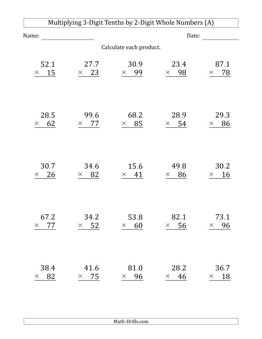 Multiplying 3-Digit Tenths2-Digit Whole Numbers (A) within Multiplication Worksheets 3 Digit By 1 Digit