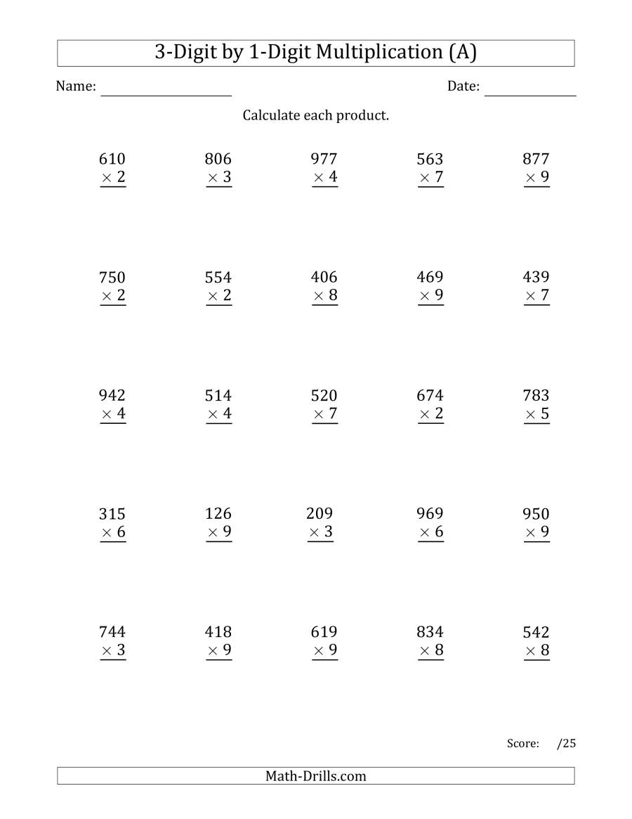Multiplying 3-Digit1-Digit Numbers (A) intended for Multiplication Worksheets 3 Digit By 1 Digit