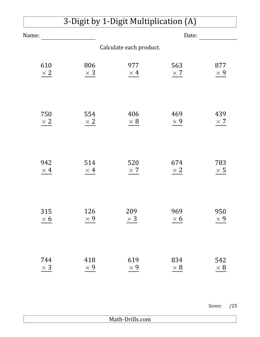 Multiplying 3-Digit1-Digit Numbers (A) intended for Multiplication Worksheets 3 Digit By 1 Digit Multiplying 3-Digit1-Digit Numbers (A) intended for Multiplication Worksheets 3 Digit By 1 Digit