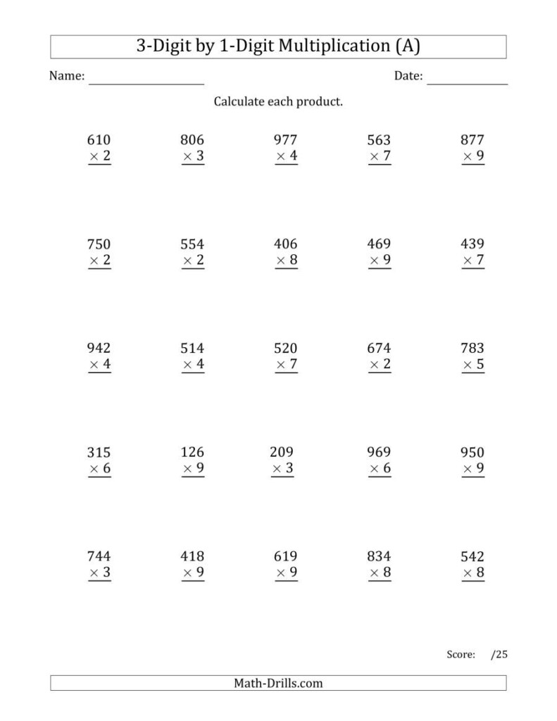 Multiplying 3 Digit1 Digit Numbers (A) With 3 Multiplication Worksheets