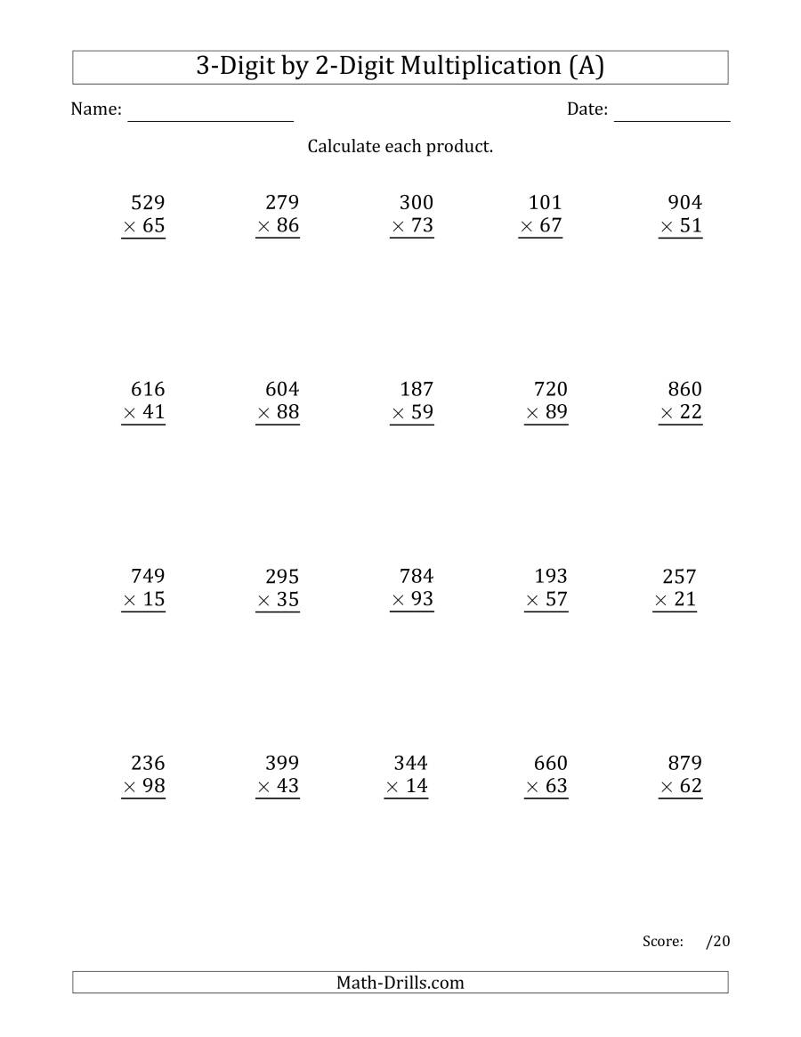 Multiplying 3-Digit2-Digit Numbers (A) regarding Multiplication Worksheets 2 And 3