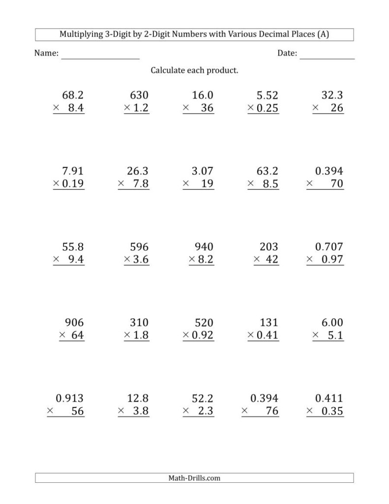 Multiplying 3 Digit2 Digit Numbers With Various Decimal Inside Multiplication Worksheets Number 3