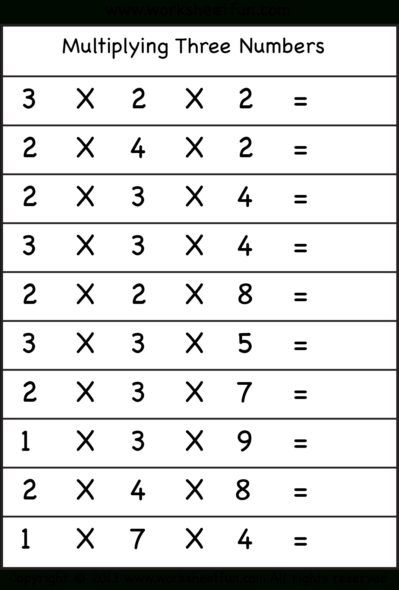 Multiplying 3 Numbers – Three Worksheets / Free Printable in Connect 4 Multiplication Printable