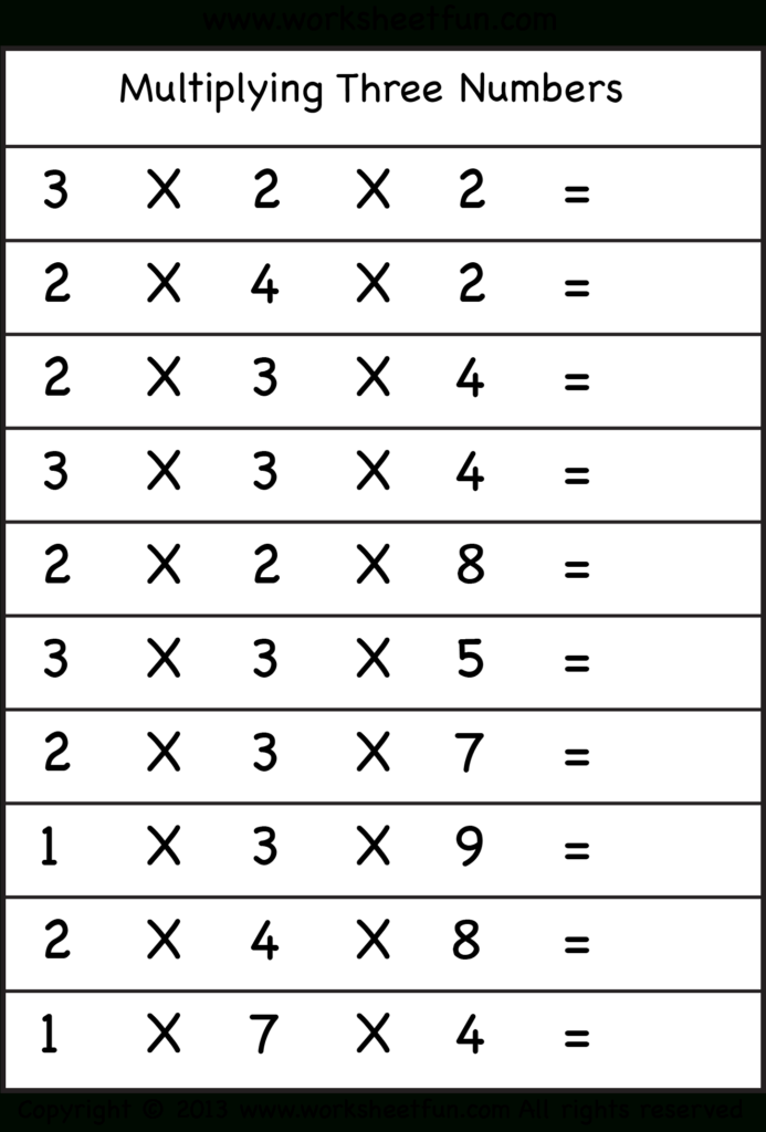 Multiplying 3 Numbers – Three Worksheets / Free Printable inside Printable Multiplication Worksheets By Number