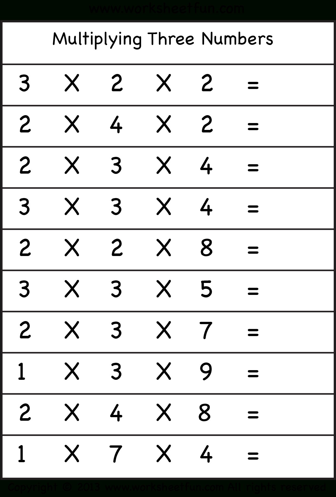 Multiplying 3 Numbers – Three Worksheets / Free Printable within Multiplication Worksheets Ks2 Multiplying 3 Numbers – Three Worksheets / Free Printable within Multiplication Worksheets Ks2