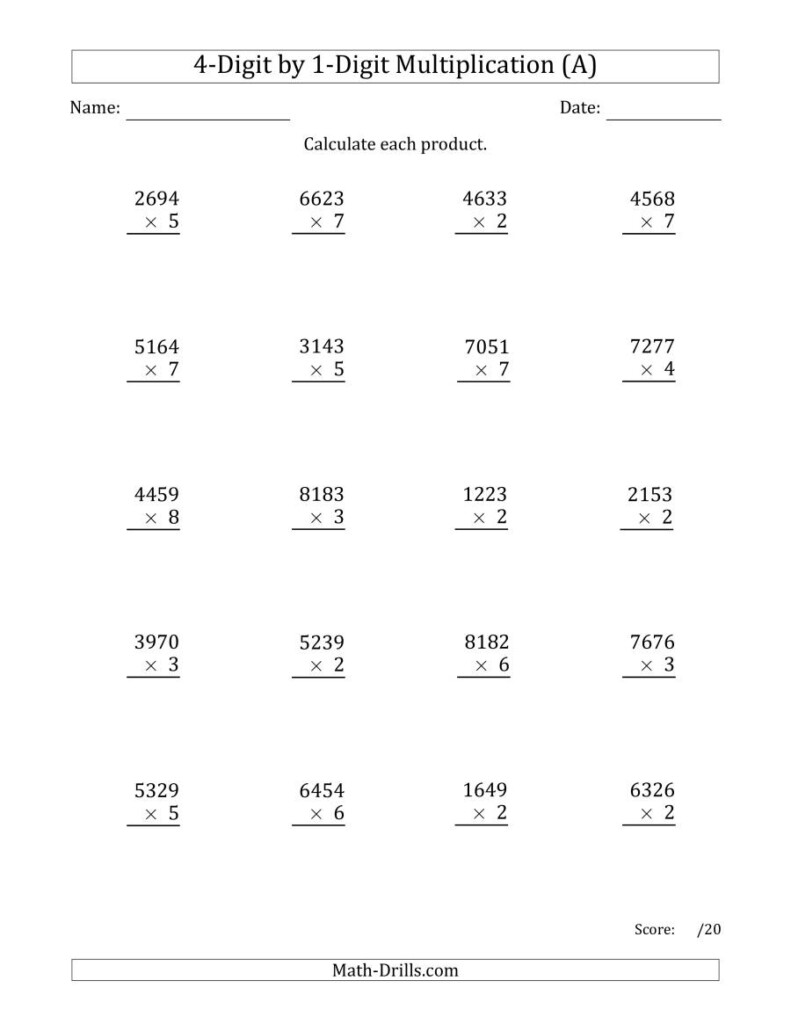 Multiplying 4 Digit1 Digit Numbers (A) With Multiplication Worksheets 4 Digit By 1 Digit